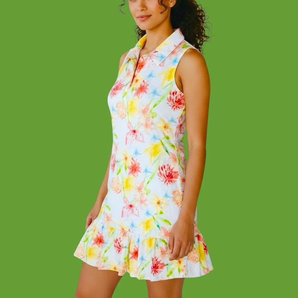 Gottex Tennis Dress Women's White Lilly Floral Sleeveless Ruffle Hem - Small